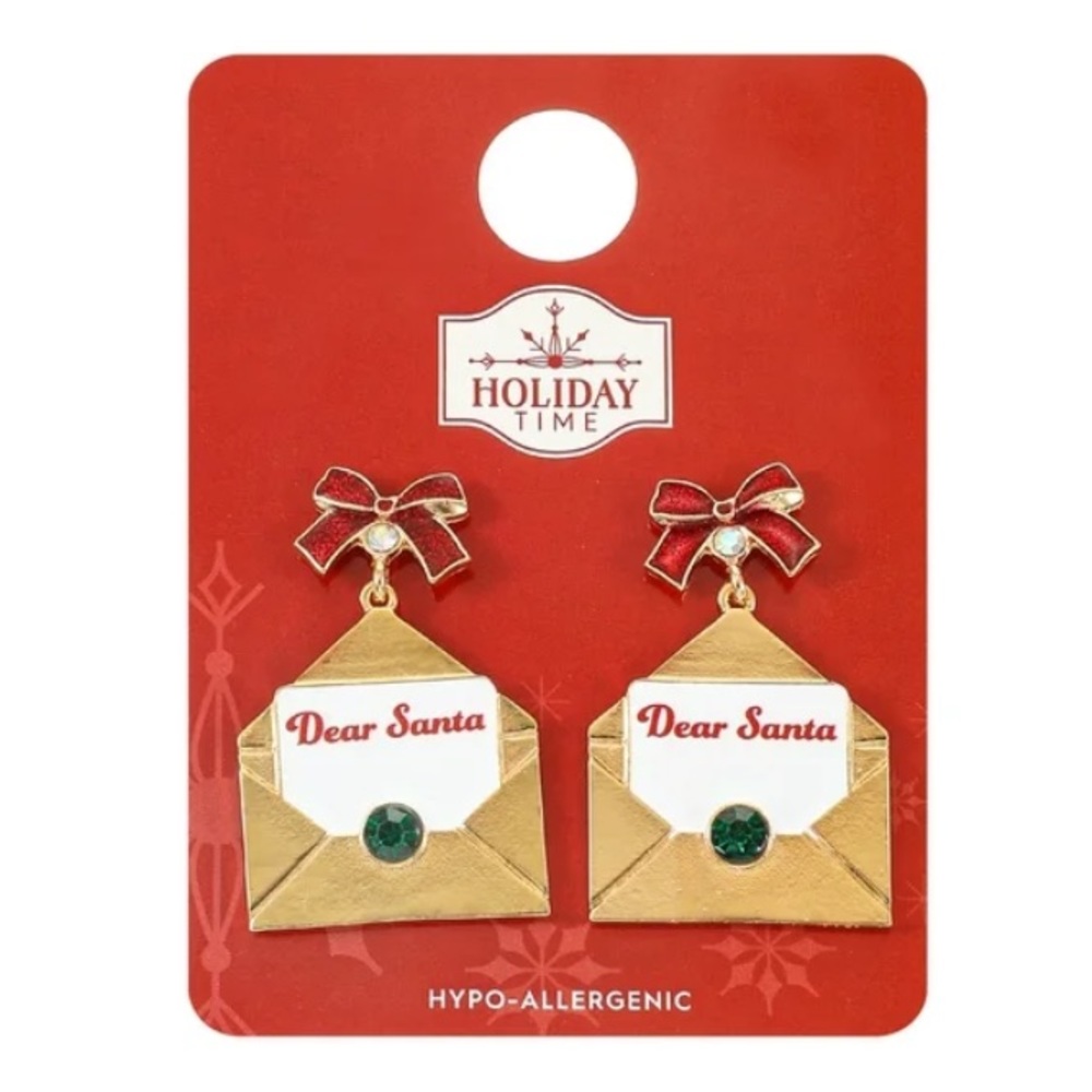 New Holiday Time Goldtone "Dear Santa" Letter Earrings